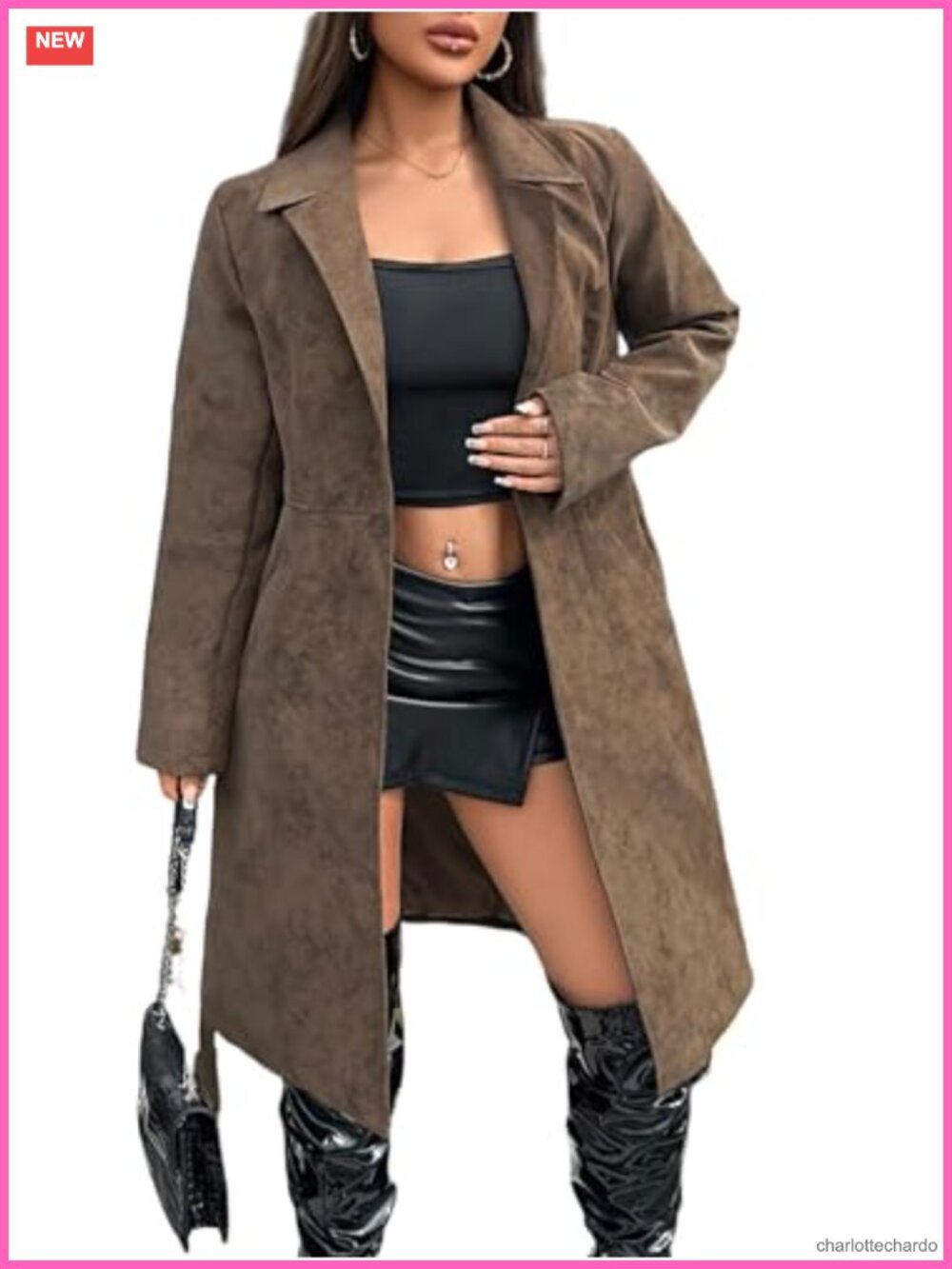 Long Faux Leather Trench Coat Belted Overcoat Women